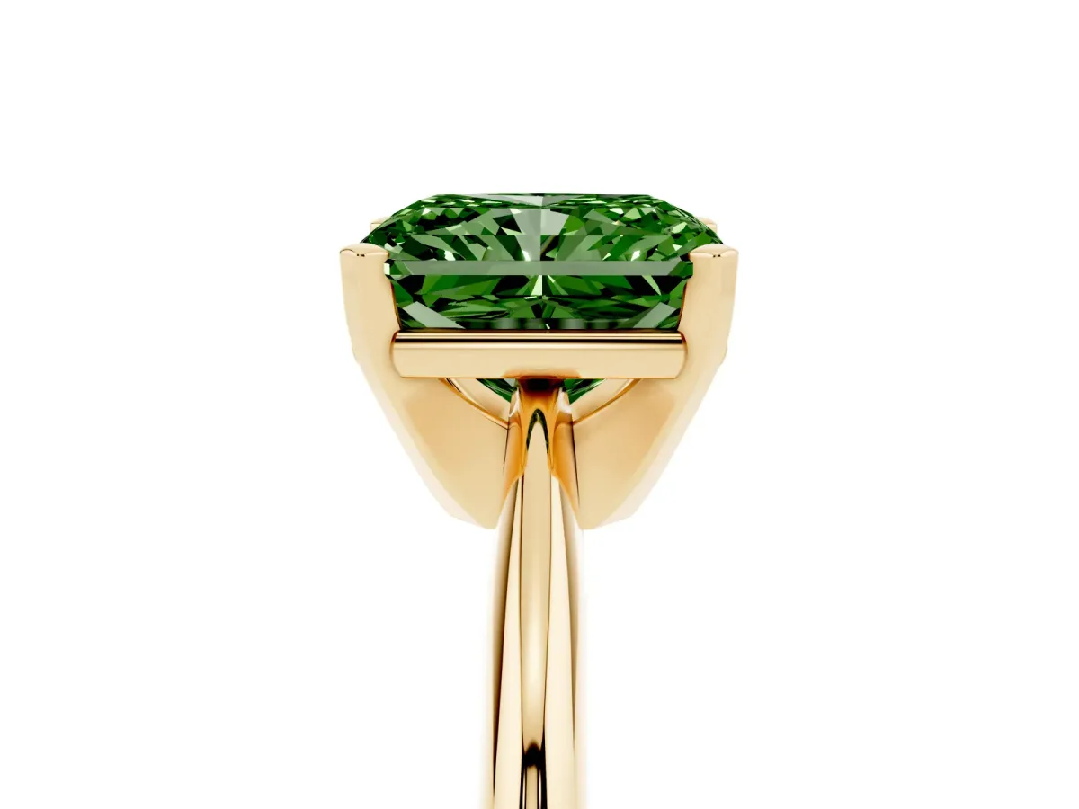 Fancy Green Radiant Cut Cut Solitaire Ring with Four-Prong Setting on a Classic Band Yellow gold