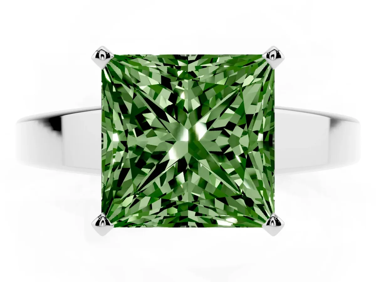 Fancy Green Princess Cut Solitaire Engagement Ring with Four-Prong Setting and Tapered Band White gold