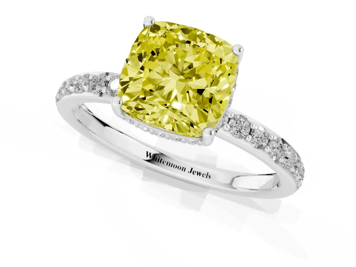 Fancy Yellow Cushion Cut Diamond Solitaire Ring with Pavé Band and Hidden Halo White gold