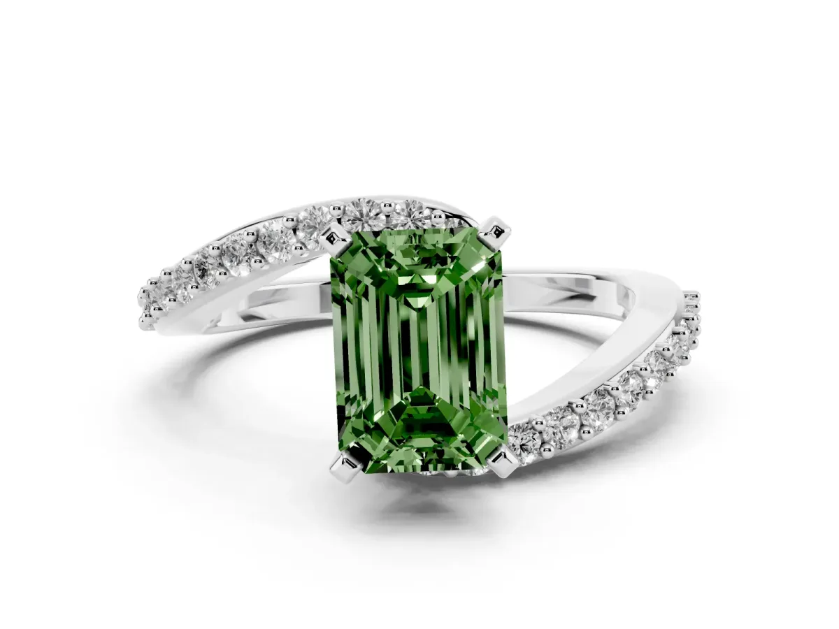 Fancy Green Emerald Cut Solitaire Twist Band with Pave Set Diamonds and Four-Prong Setting Platinum