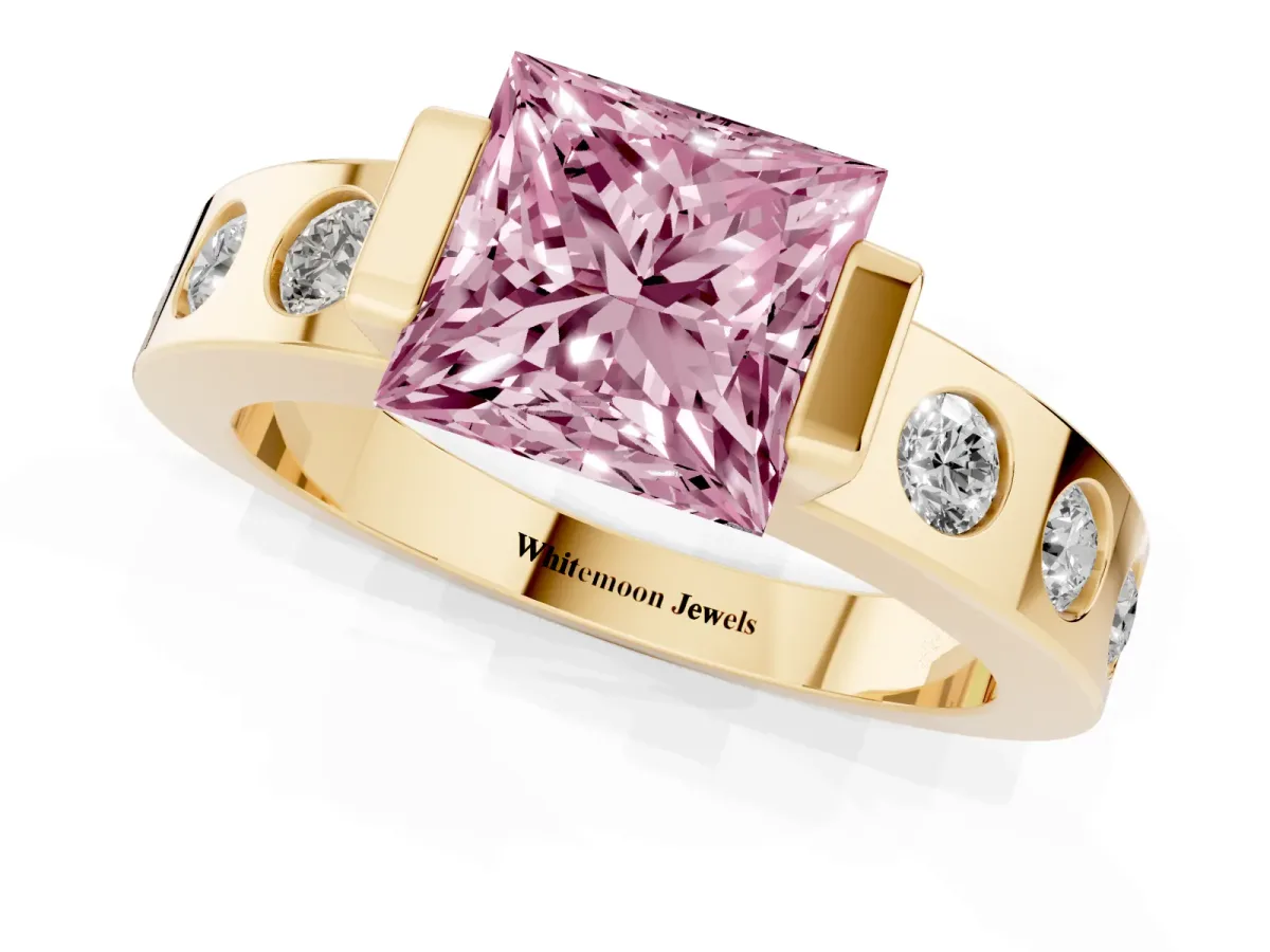 Fancy Pink Princess Cut Brilliant Channel-Set Diamond Ring with Bezel Prong Setting Yellow gold