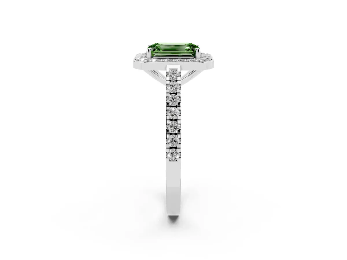 Fancy Green Emerald Cut Diamond Halo Ring with Round Pavé Split Shank and Prong Setting Platinum
