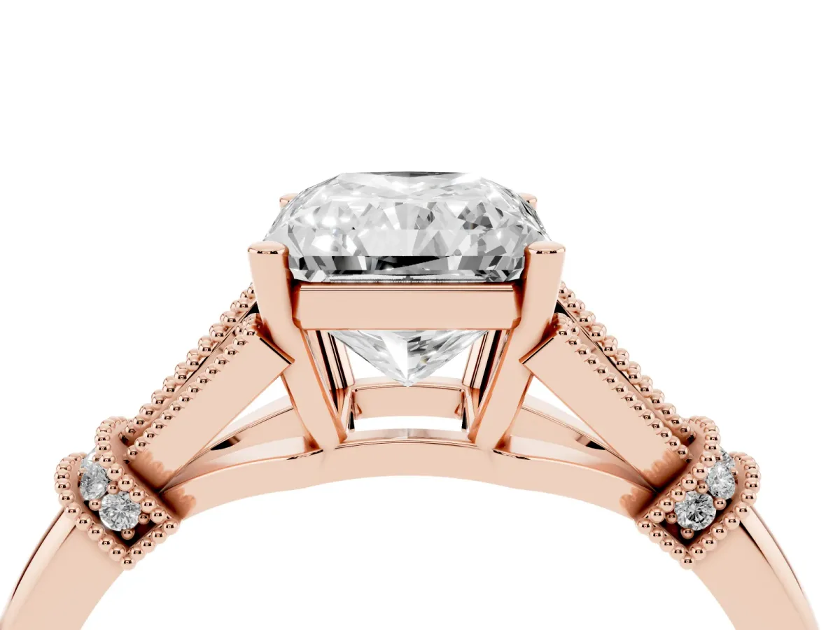 Radiant Cut Diamond Solitaire Ring with Floral Filigree and Pave Accents Rose gold
