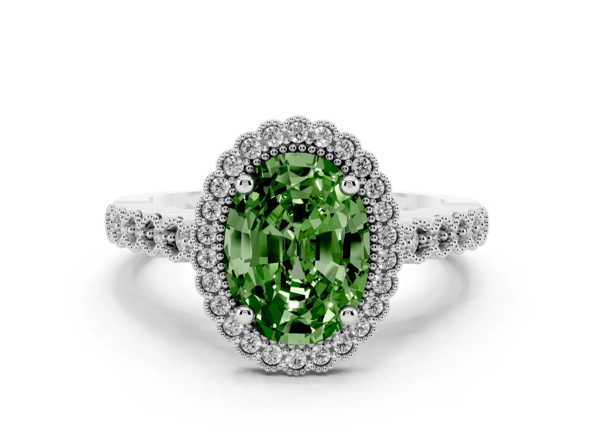 Fancy Green Oval Cut Cut Halo Pavé Solitaire Ring with Milgrain Band Silver