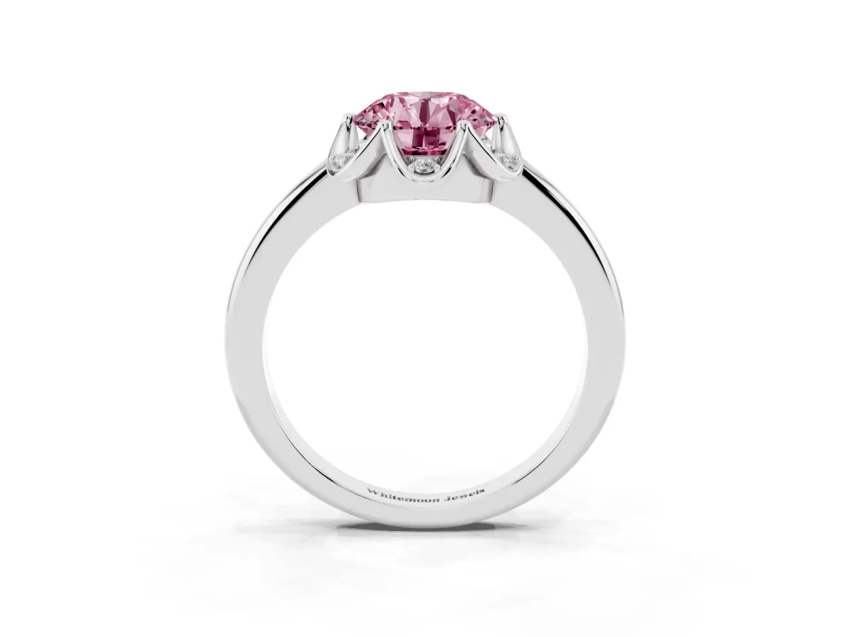 Fancy Pink Round Cut Halo Diamond Ring with Round Cluster Setting, Solitaire Band, and Four-Prong Setting White gold