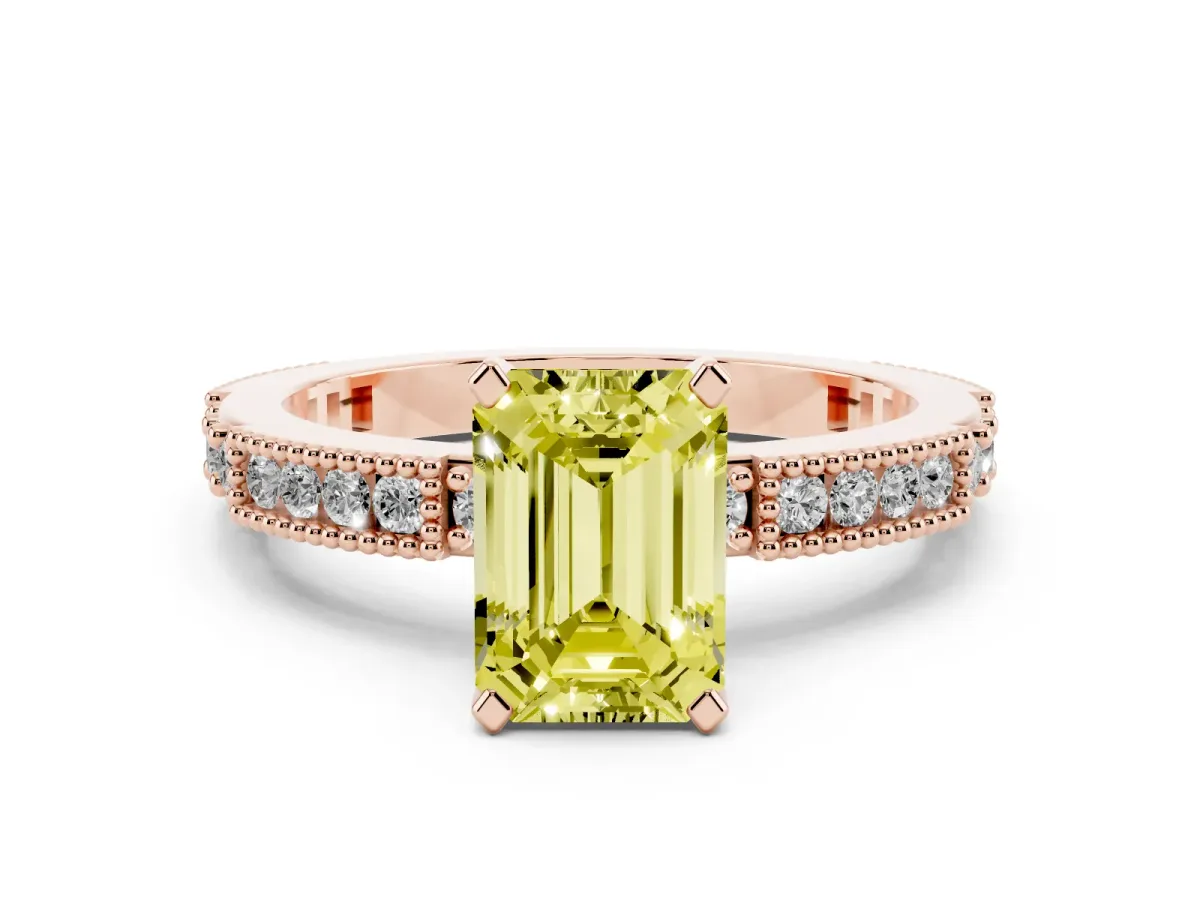 Fancy Yellow Emerald Cut Solitaire with Pavé Band and Four-Prong Setting Rose gold