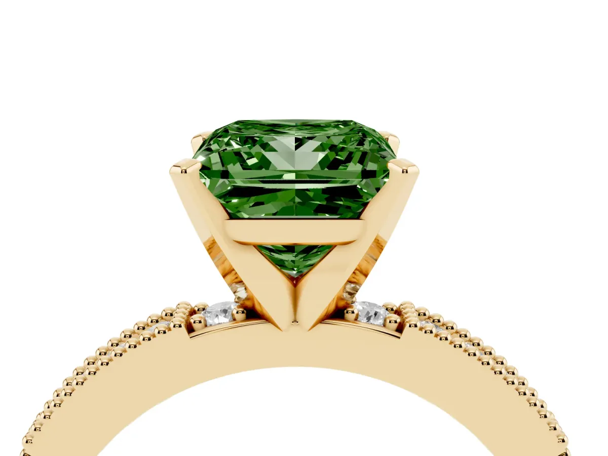 Fancy Green Princess Cut Solitaire with Pavé Band and Four-Prong Setting Yellow gold