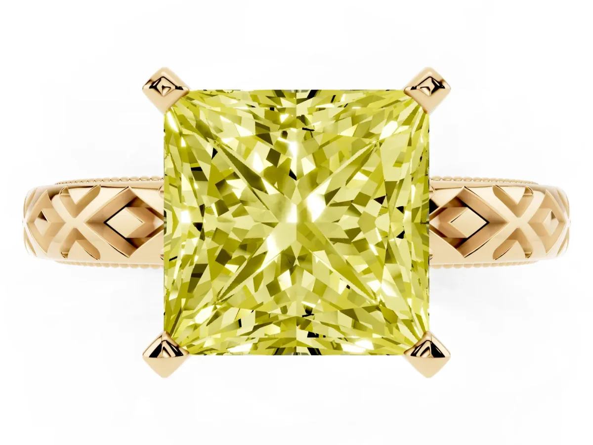 Fancy Yellow Princess Cut Solitaire Diamond Ring with Milgrain and Black Enamel X Pattern Band Yellow gold