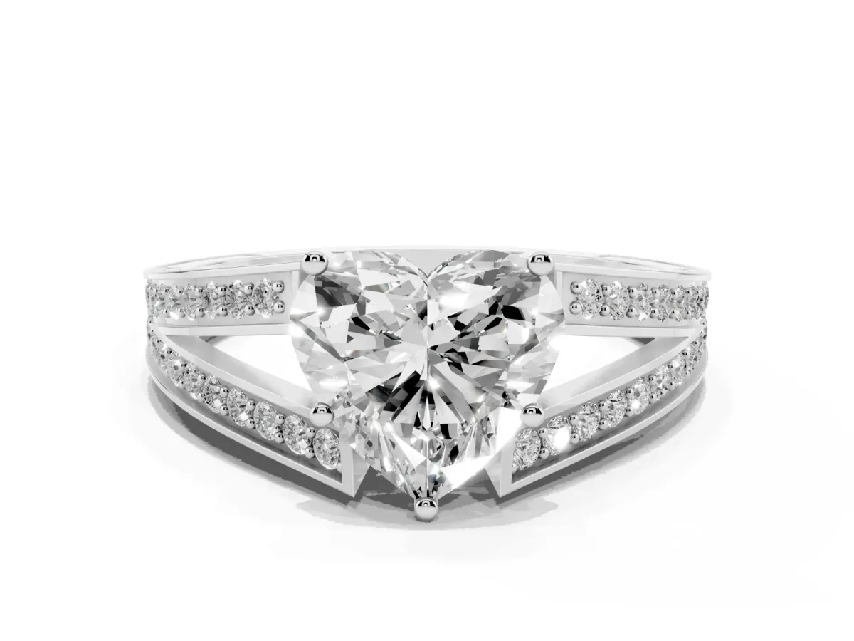 Heart Cut Diamond Split Shank Ring with Pavé Band and Four-Prong Setting Silver