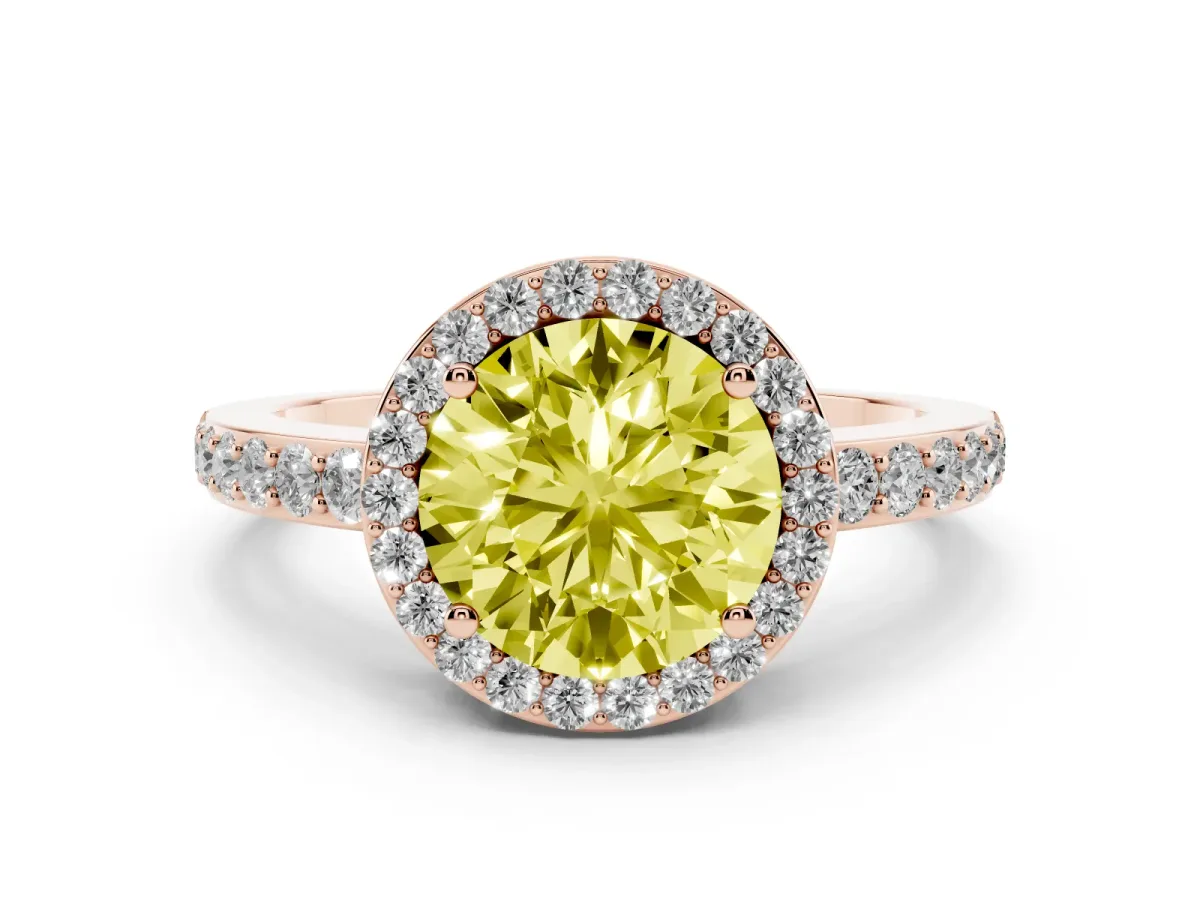 Fancy Yellow Round Cut Halo Diamond Pavé Band Ring with Prong Setting Rose gold