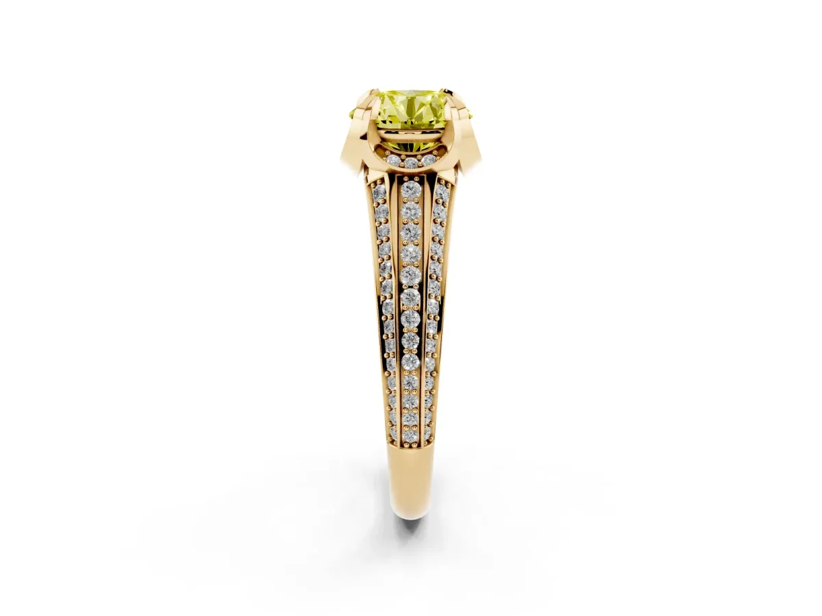 Fancy Yellow Round Cut Solitaire Pave Split Shank Ring with Four-Prong Setting Yellow gold