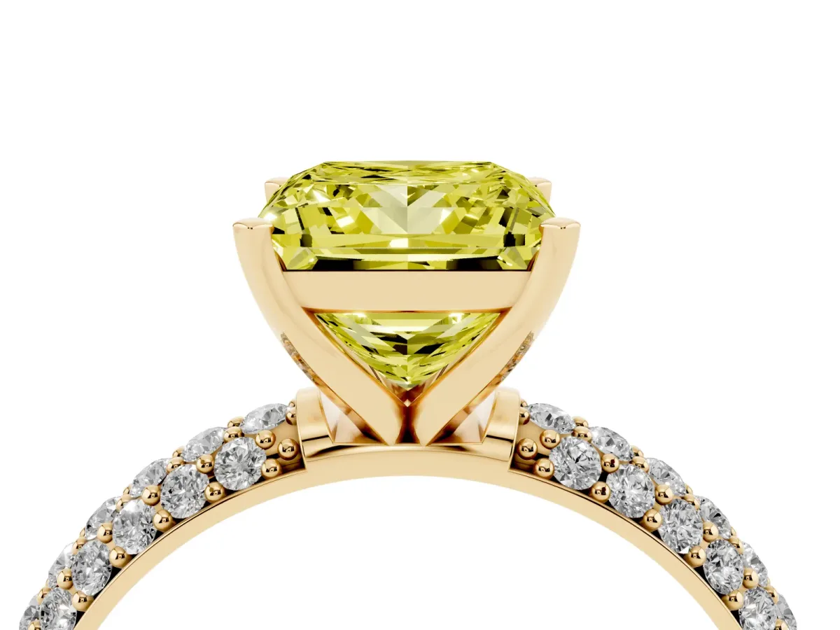 Fancy Yellow Princess Cut Diamond Solitaire Ring with Prong Setting and Pavé Band Yellow gold