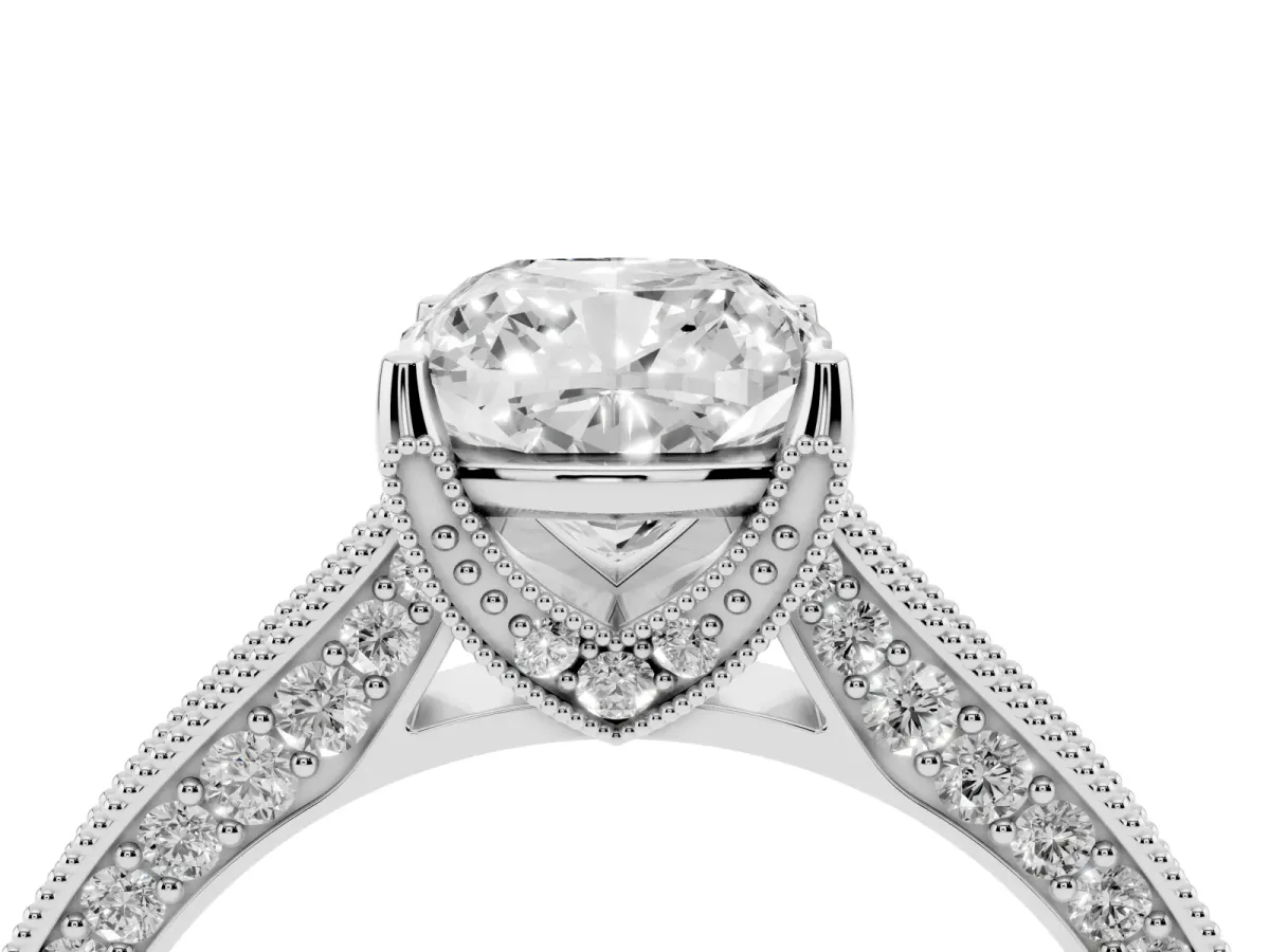 Cushion Cut Cut Diamond Solitaire Ring with Milgrain Pave Band and Four Prong Setting Silver