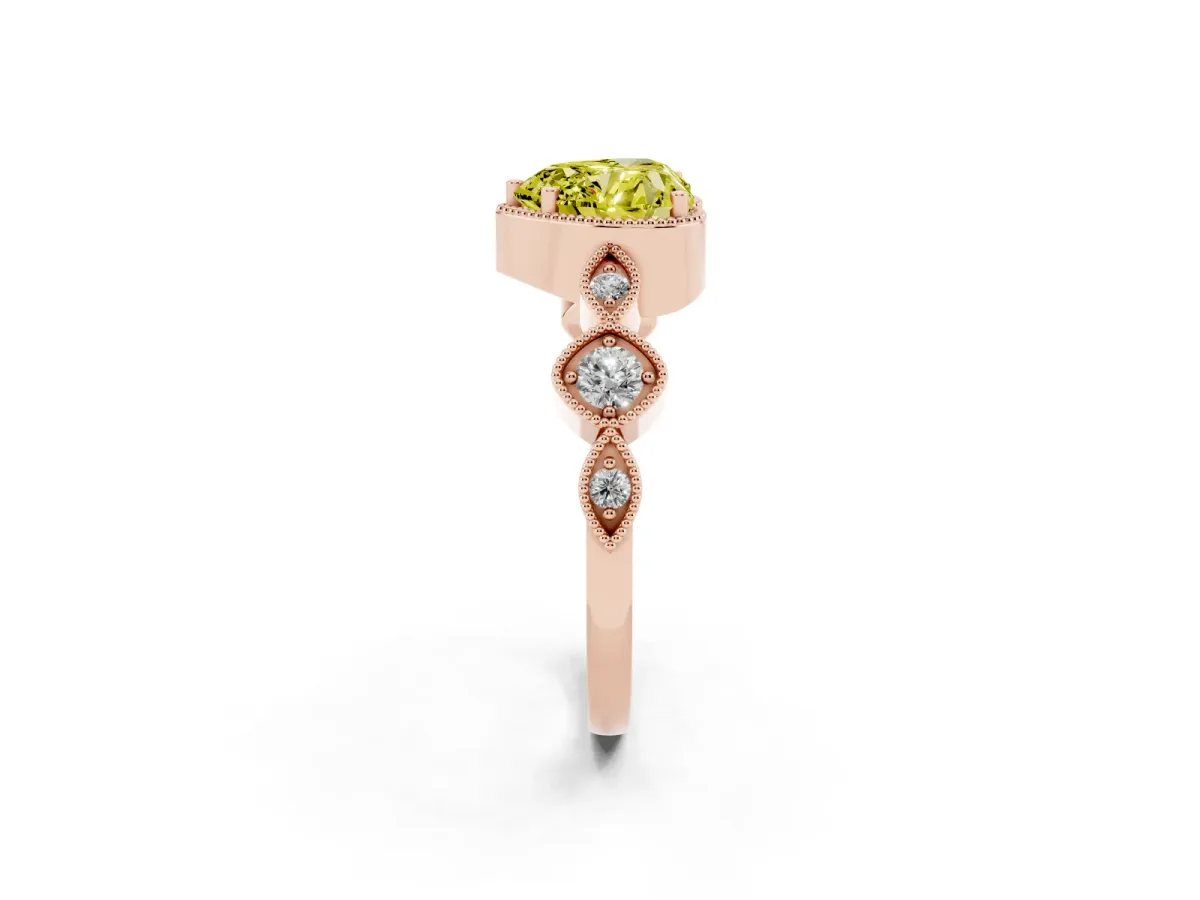 Fancy Yellow Heart Cut Diamond Vintage Milgrain Ring with Round Stations Rose gold