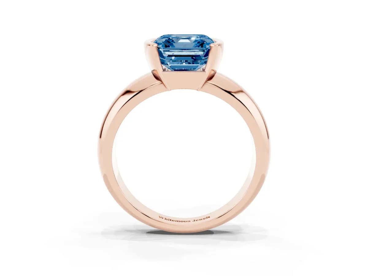 Fancy Blue Asscher Cut Solitaire Tension Set Diamond Ring with Wide Band Rose gold