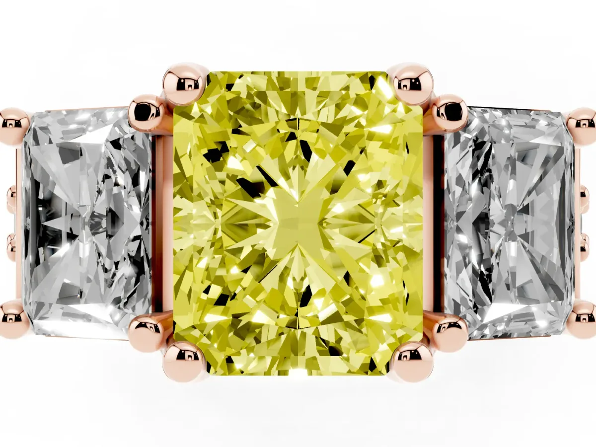 Fancy Yellow Radiant Cut Diamond Three-Stone Ring with Channel Set Band and Four-Prong Setting Rose gold