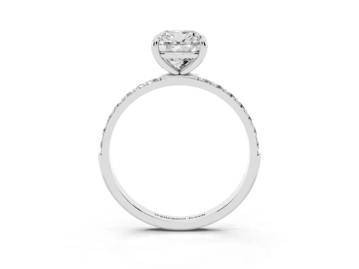 Cushion Cut Diamond Solitaire Ring with Round Pavé Band and Prong Setting Silver