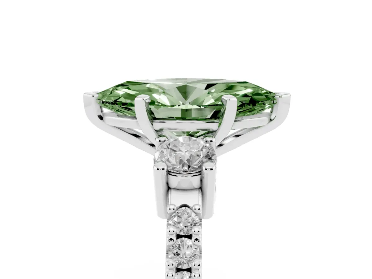 Fancy Green Marquise Cut Three-Stone Diamond Pavé Band with Prong Setting White gold