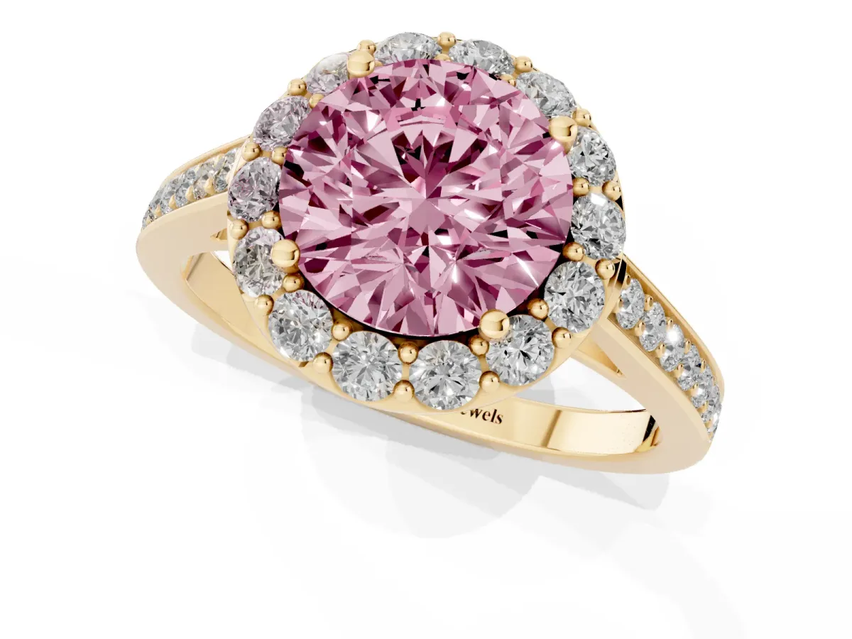 Fancy Pink Round Cut Diamond Floral Halo Ring with Pavé Band and Prong Setting Yellow gold