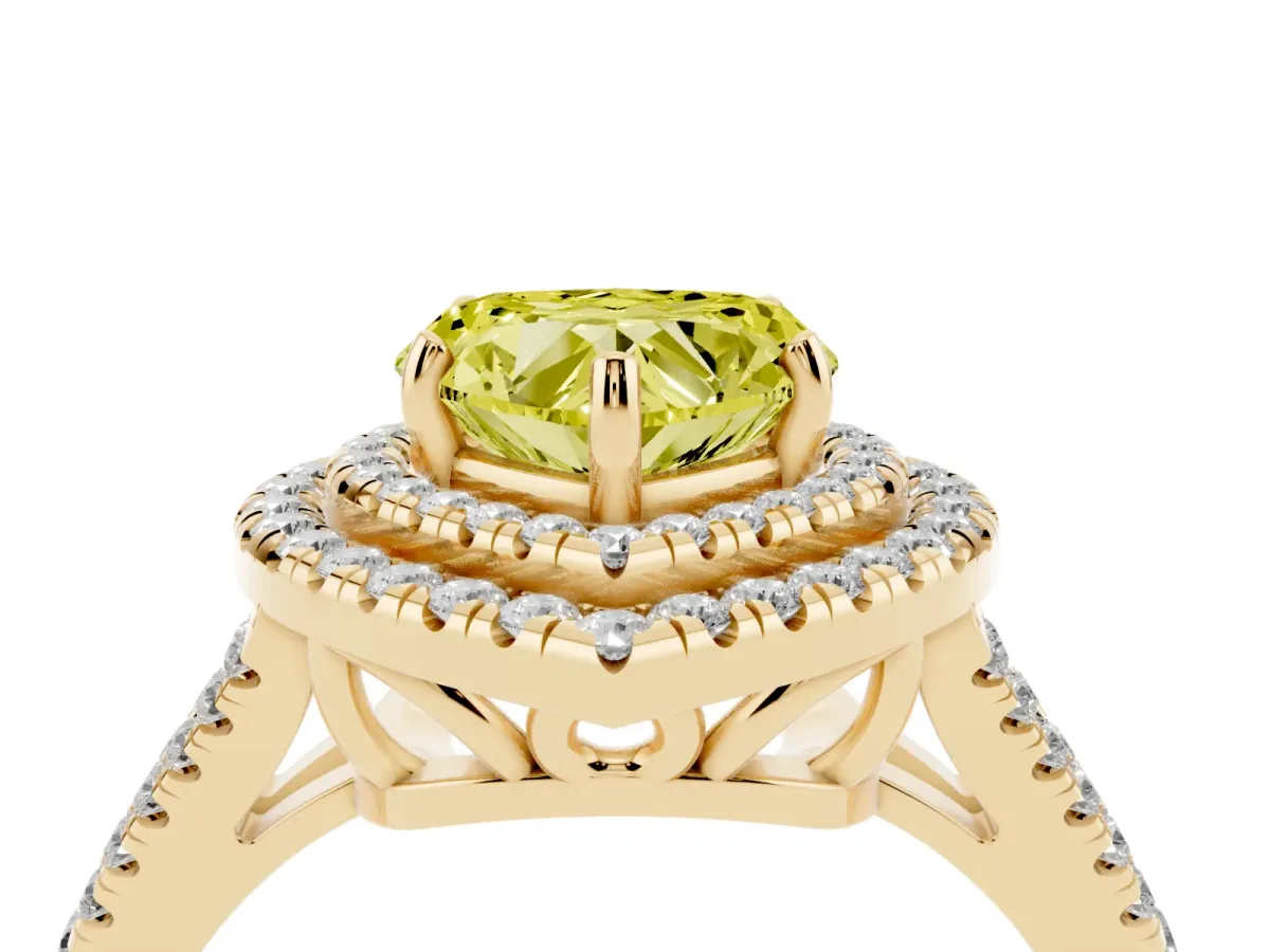 Fancy Yellow Heart Cut Diamond Double Halo Ring with Pavé Band and Prong Setting Yellow gold