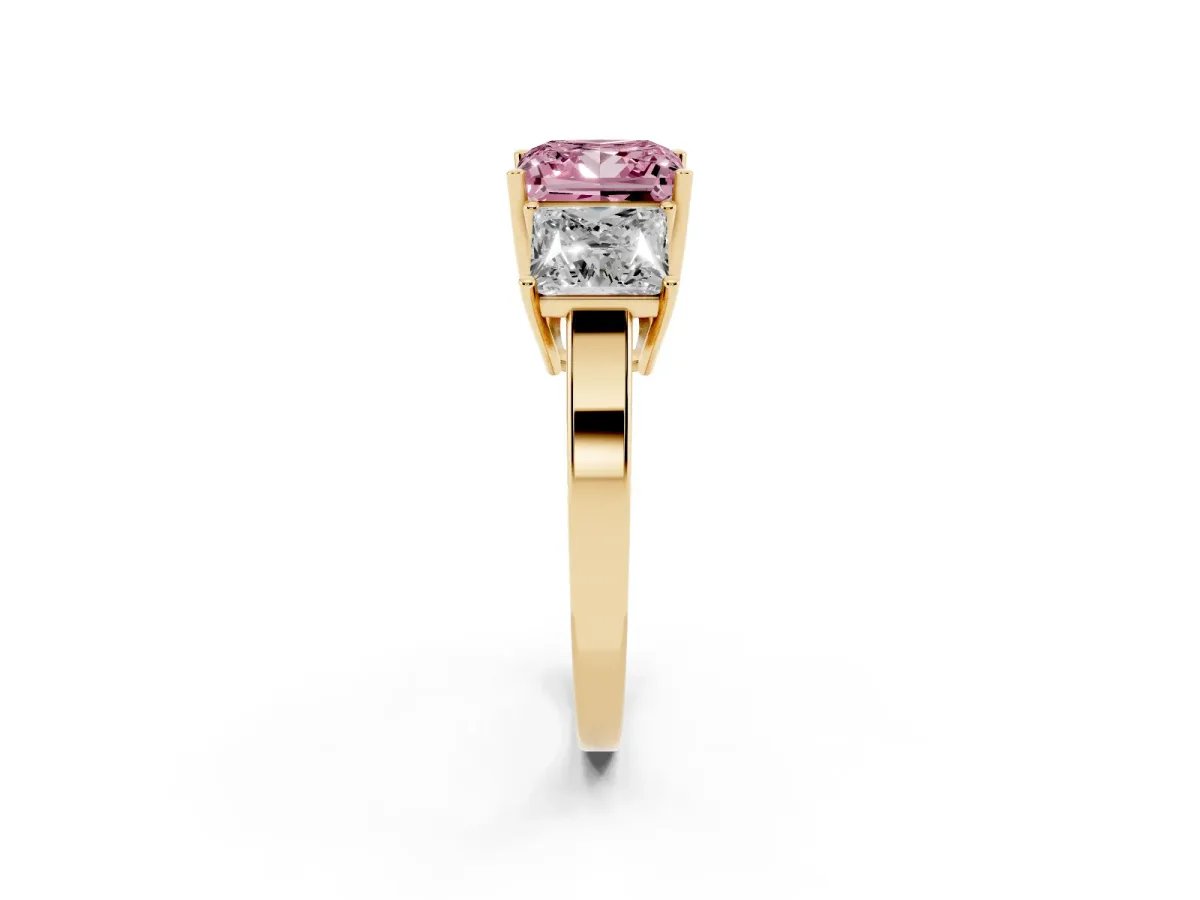 Fancy Pink Three-Stone Princess Cut Cut Diamond Engagement Ring with Flat Band and Four-Prong Setting Yellow gold