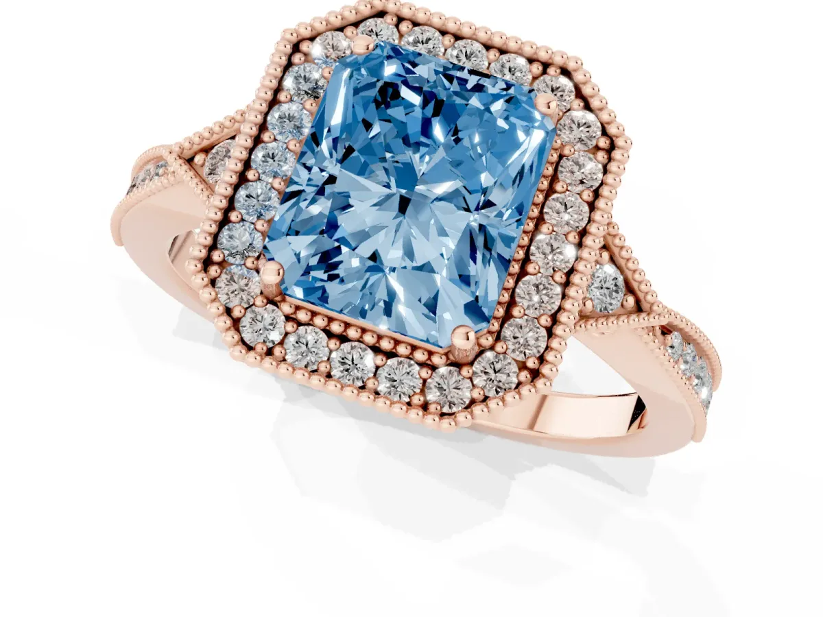 Fancy Blue Radiant Cut Halo Round Diamond Milgrain Pave Engagement Ring Rose gold