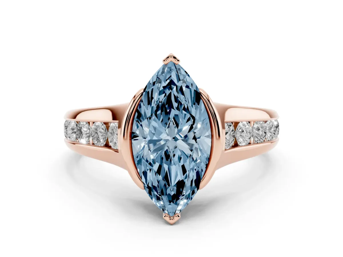 Fancy Blue Marquise Cut Solitaire Bezel-Set Diamond Ring with Channel-Set Band Rose gold