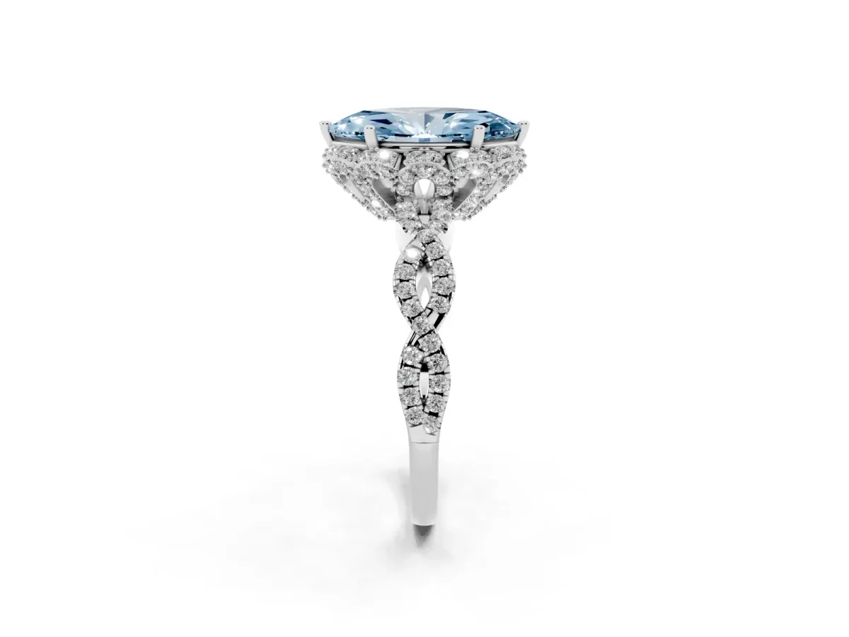Fancy Blue Marquise Cut Halo Twist Band Solitaire Ring with Six-Prong Setting Silver