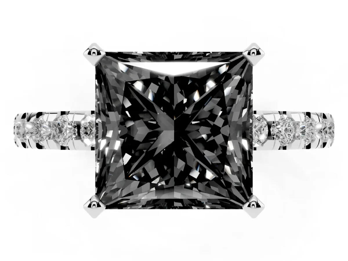 Fancy Black Princess Cut Diamond Solitaire Ring with Round Pavé Band and Four-Prong Setting White gold