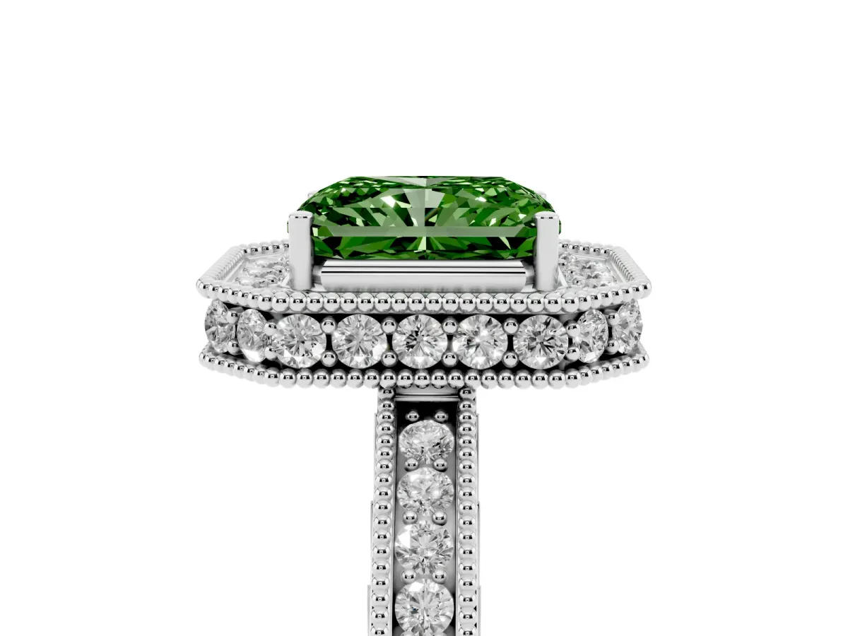 Fancy Green Radiant Cut Diamond Milgrain Halo Engagement Ring with Round Pavé Band and Prong Setting Platinum