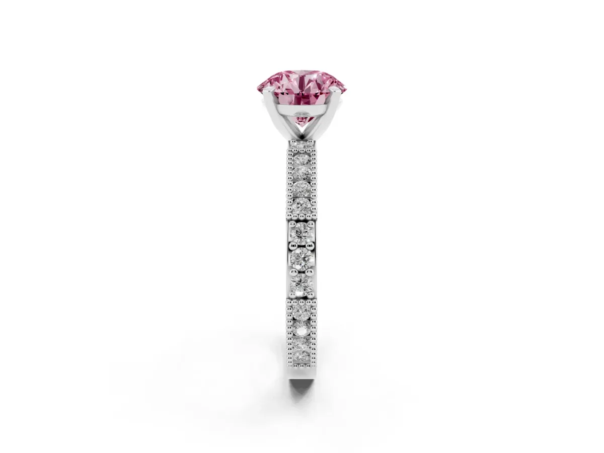 Fancy Pink Round Cut Solitaire with Pavé Band and Four-Prong Setting Silver