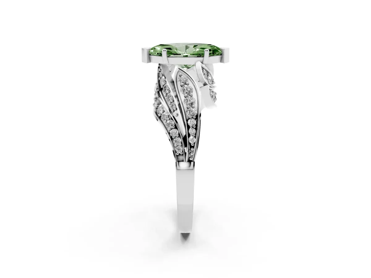 Fancy Green Marquise Cut Diamond Solitaire Ring with Prong Setting and Twisted Pavé Band Silver