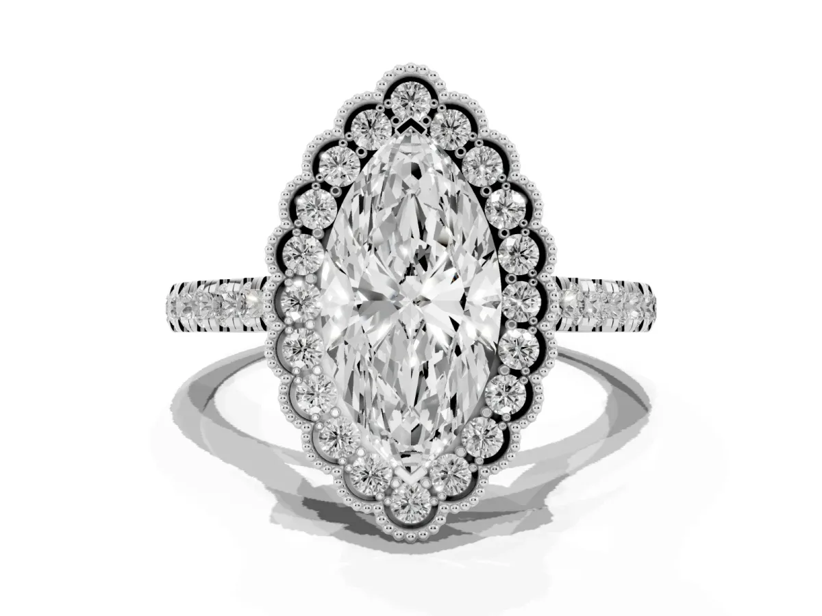 Marquise Cut Cut Diamond Milgrain Floral Halo Engagement Ring with Pavé Band Platinum