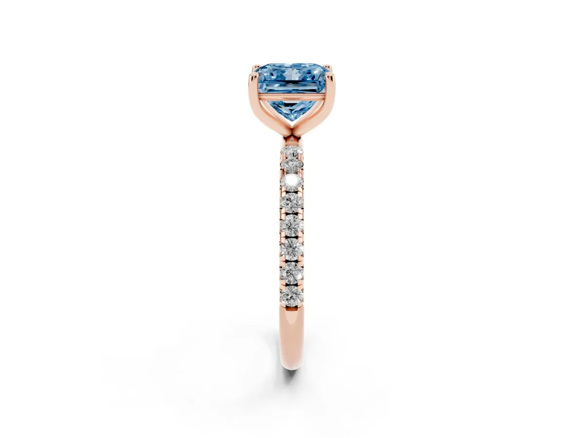 Fancy Blue Princess Cut Cut Diamond Solitaire Ring with Micro Pave Band and Four Prong Setting Rose gold