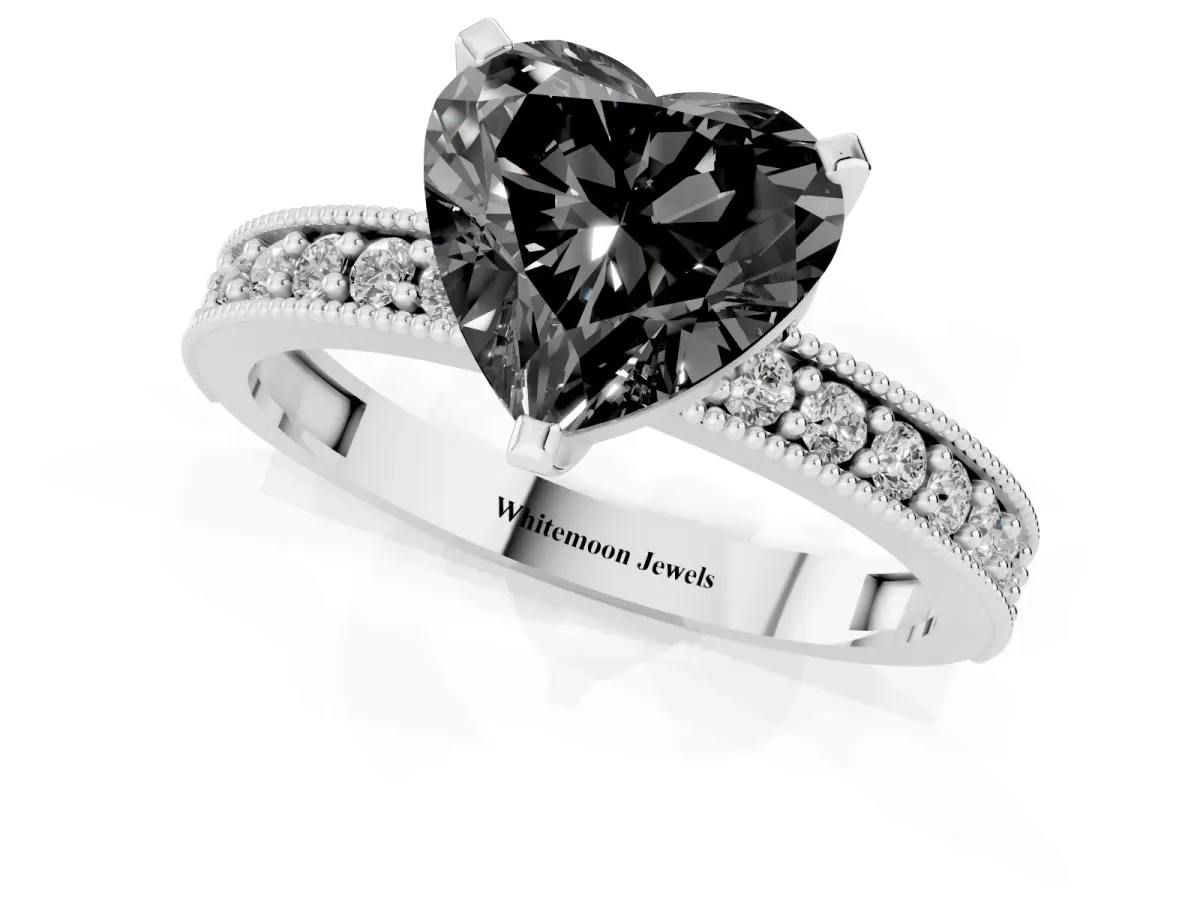 Fancy Black Heart Cut Diamond Milgrain Pavé Engagement Ring with Four-Prong Setting Silver