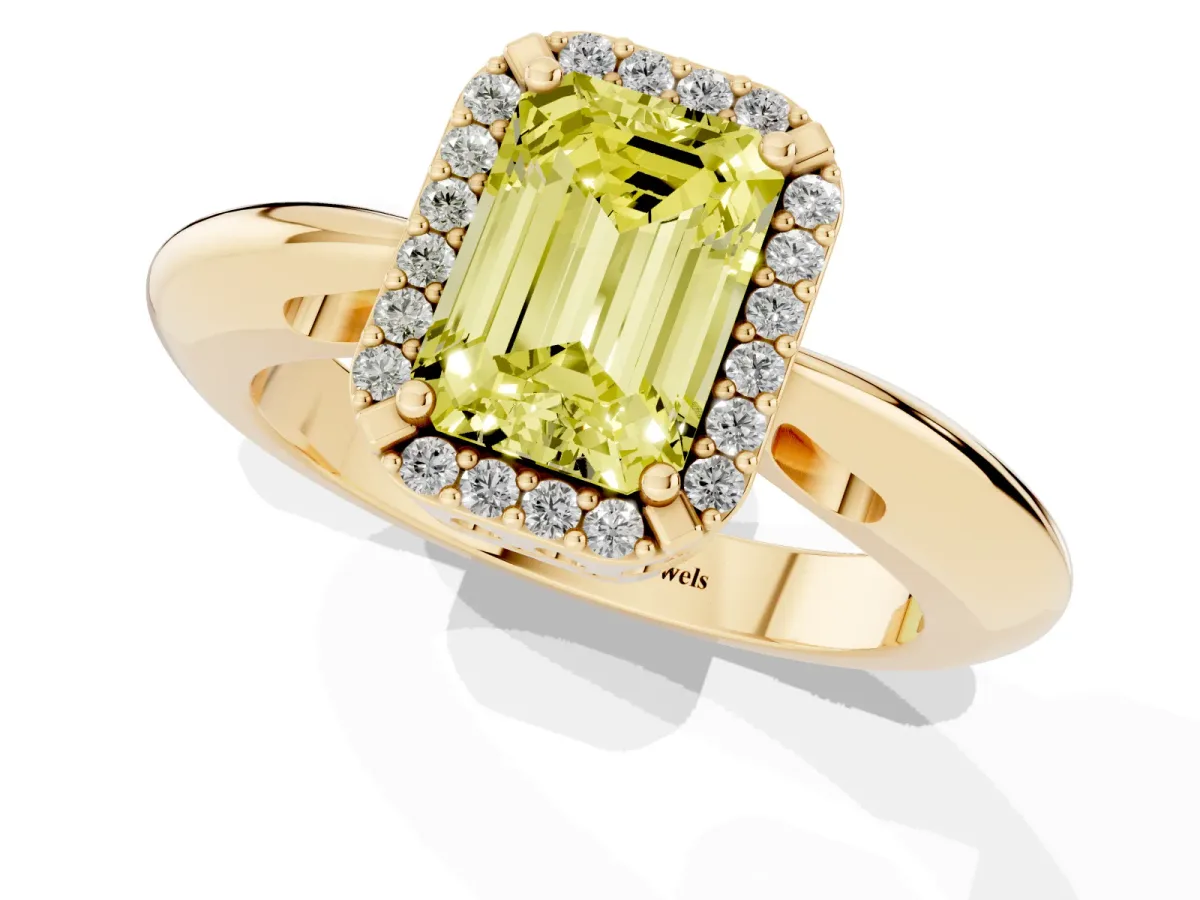 Fancy Yellow Emerald Cut Cut Diamond Halo Engagement Ring with Split Shank and Four-Prong Setting Yellow gold
