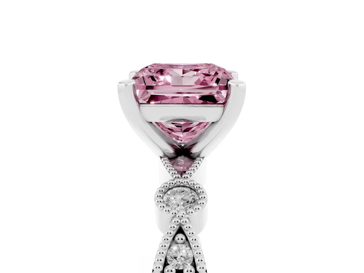 Fancy Pink Princess Cut Milgrain Bezel Diamond Engagement Ring with Solitaire Prong Setting Silver