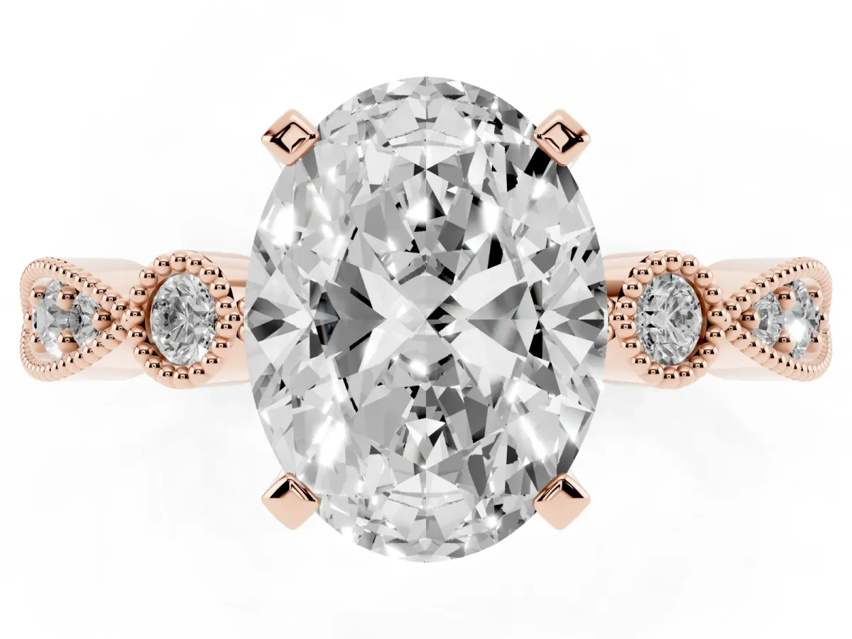 Oval Cut Milgrain Bezel Diamond Engagement Ring with Solitaire Prong Setting Rose gold