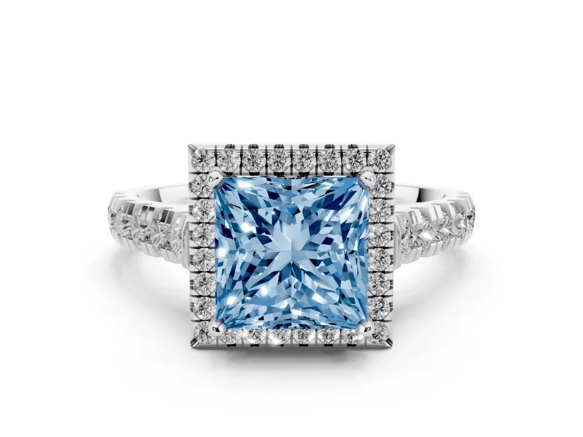 Fancy Blue Princess Cut Halo Pavé Diamond Engagement Ring with Four-Prong Setting Platinum