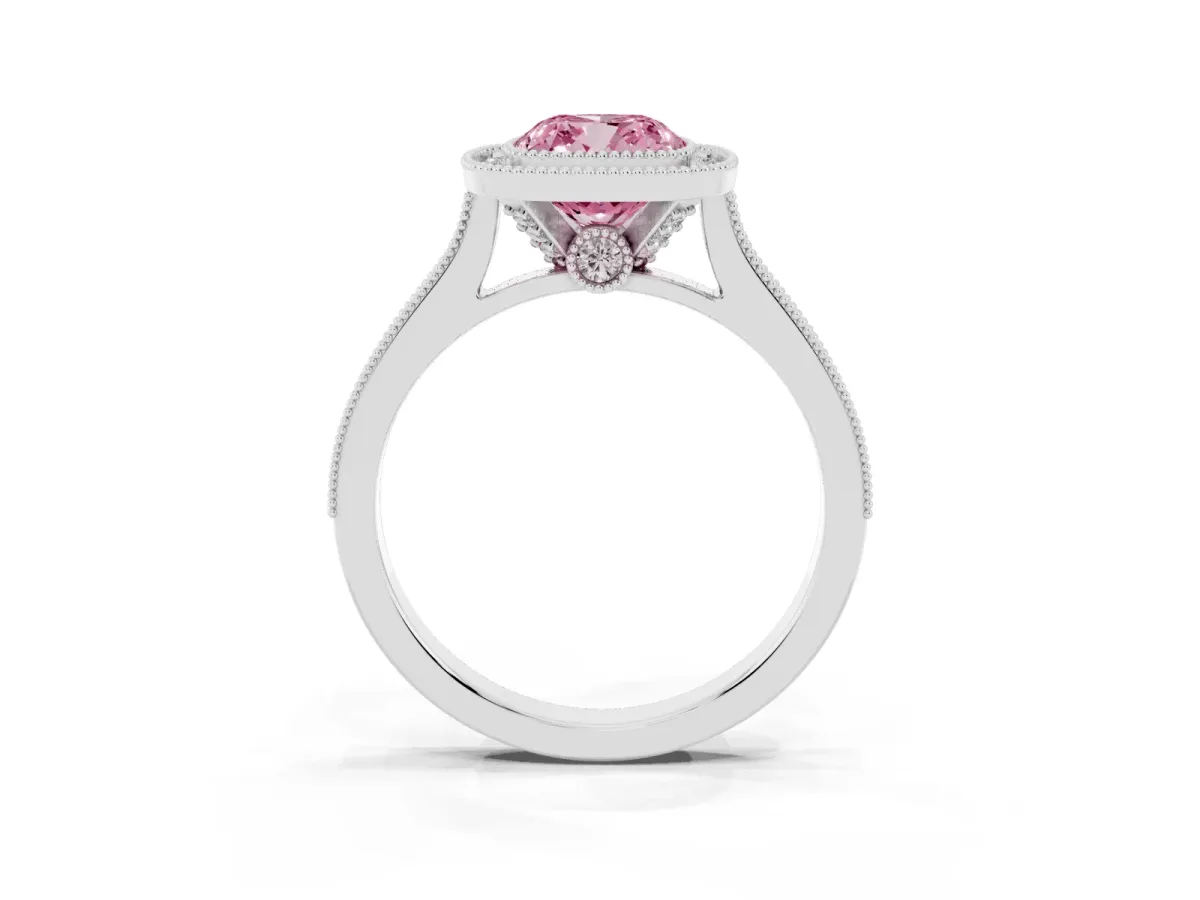 Fancy Pink Halo Cushion Cut-Cut Diamond Pave Band Milgrain Prong Setting Ring White gold