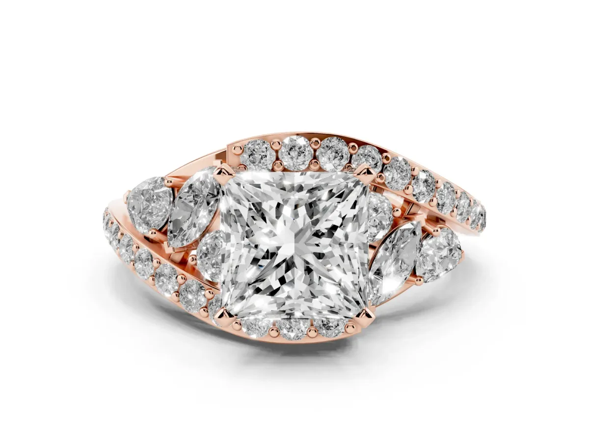 Princess Cut Diamond Halo Ring with Marquise and Pavé Band in Prong Setting Rose gold