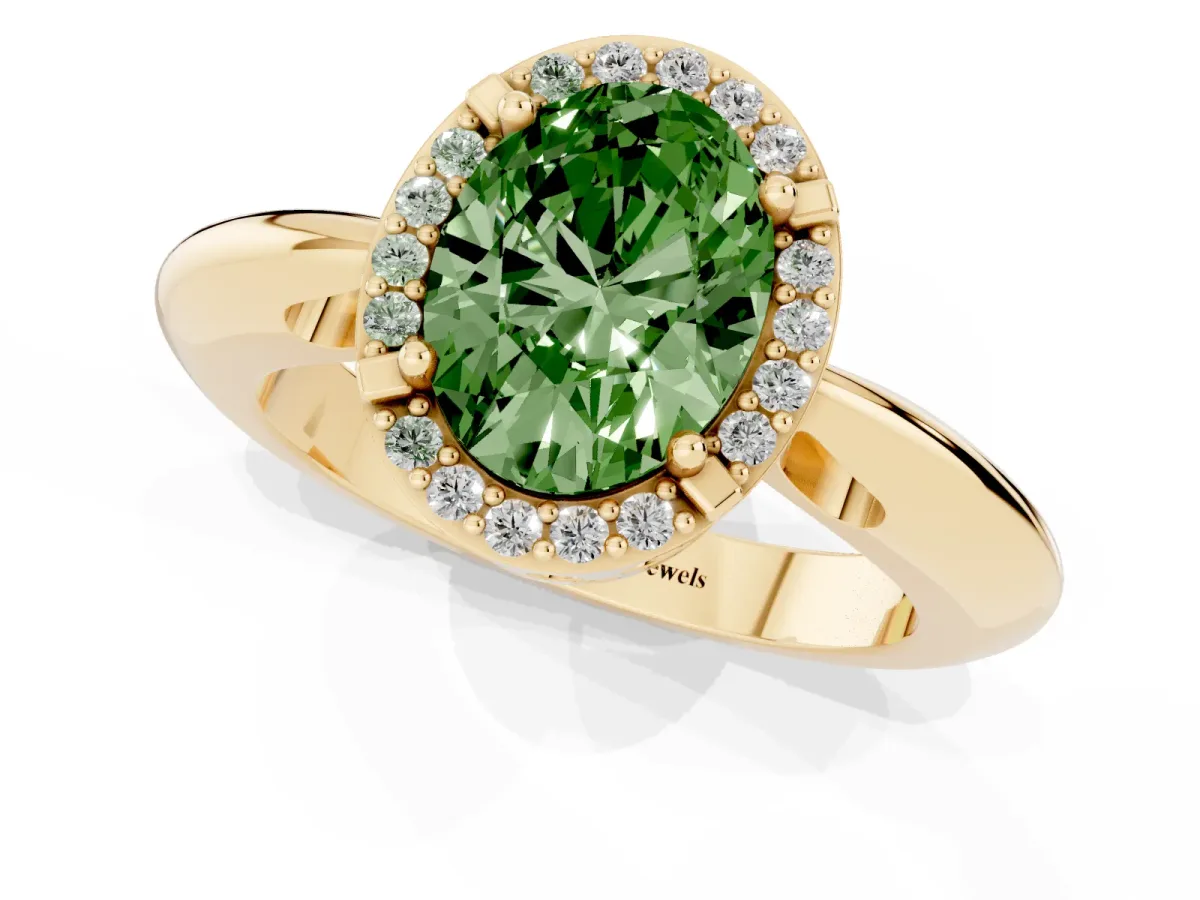 Fancy Green Oval Cut Cut Diamond Halo Engagement Ring with Split Shank and Four-Prong Setting Yellow gold