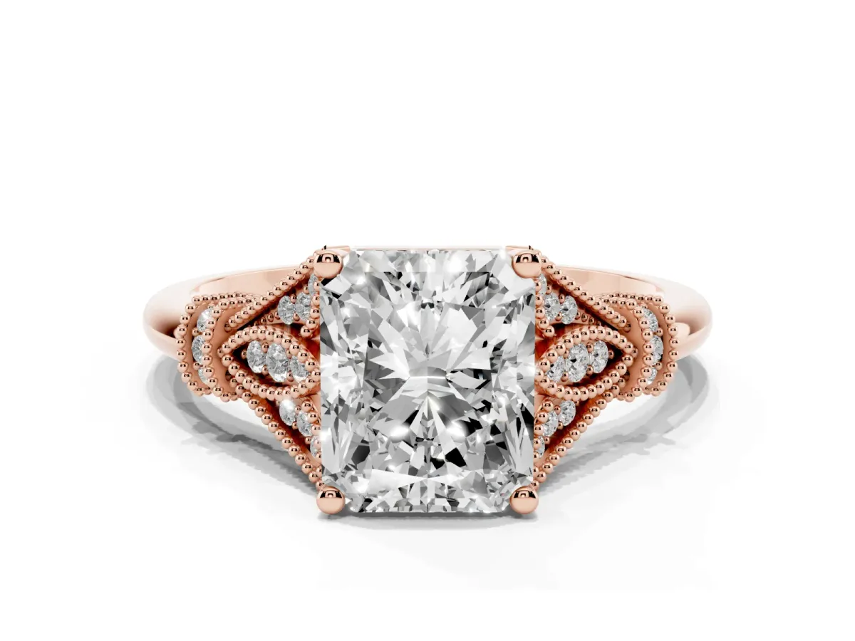 Radiant Cut Diamond Solitaire Ring with Floral Filigree and Pave Accents Rose gold