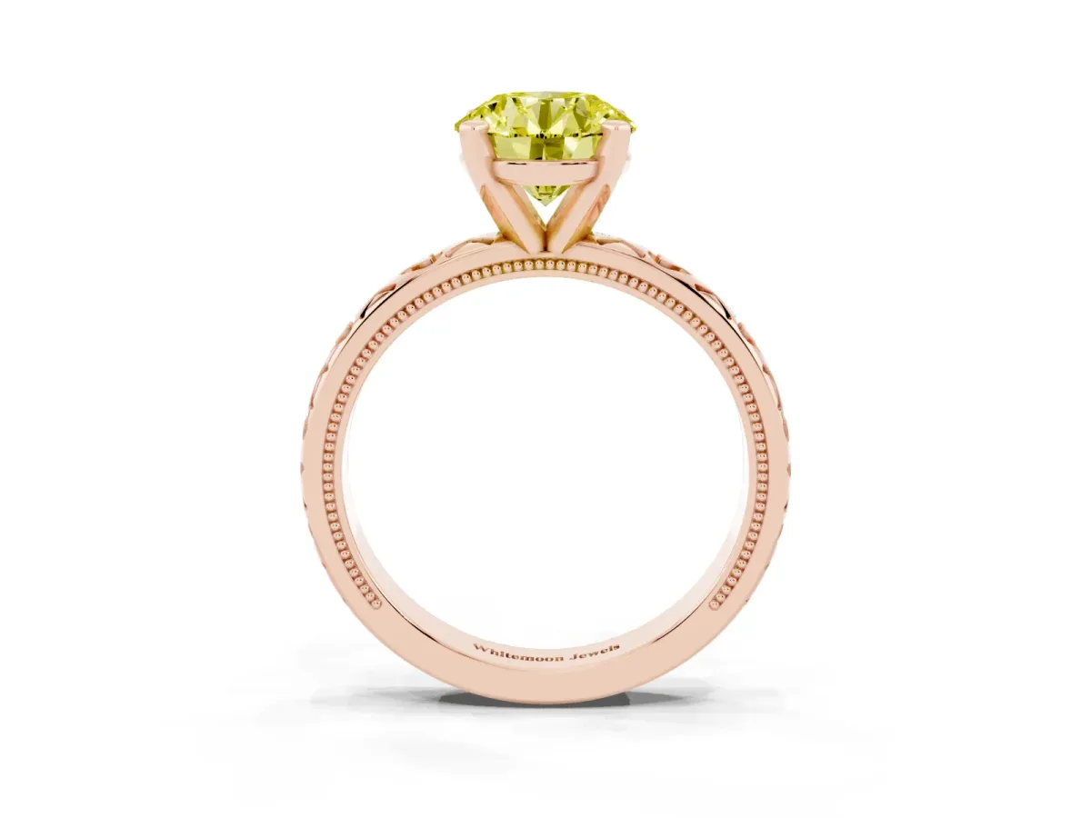 Fancy Yellow Round Cut Solitaire Diamond Engagement Ring with XO Engraved Band and Four-Prong Setting Rose gold