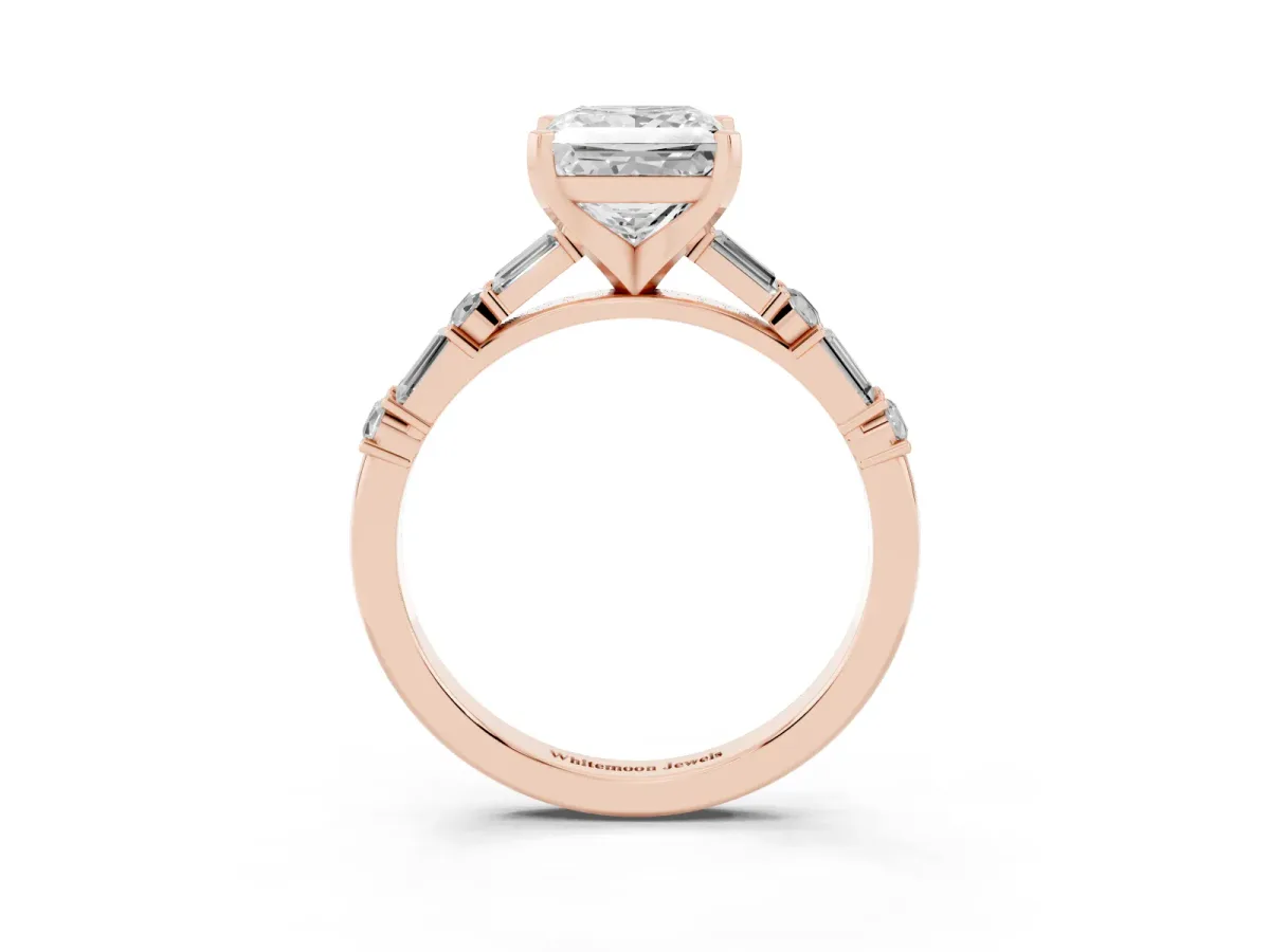 Princess Cut Diamond Solitaire with Side Baguettes and Channel Set Band Rose gold