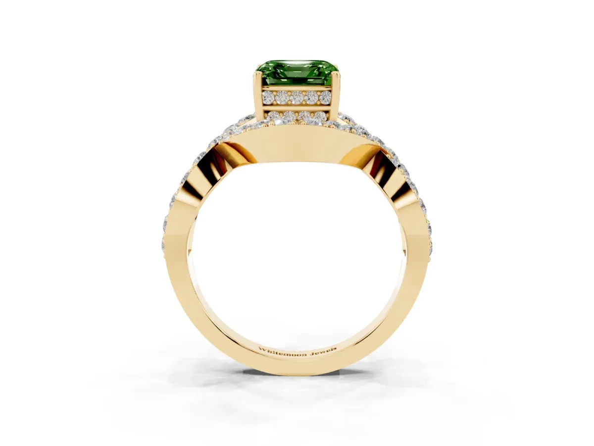Fancy Green Asscher Cut Solitaire Twist Band Pavé Diamond Engagement Ring Yellow gold