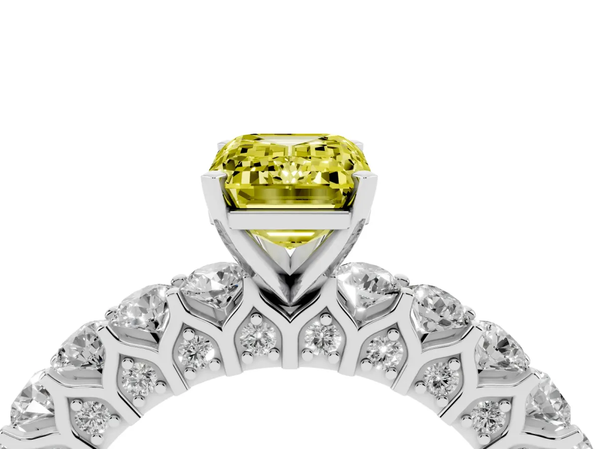 Fancy Yellow Emerald Cut Diamond Solitaire Ring with Shared Prong Pavé Band and Four-Prong Setting Silver