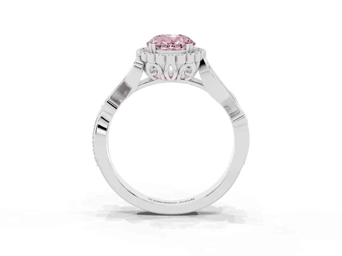 Fancy Pink Oval Cut Diamond Halo Ring with Vintage Split Shank and Four-Prong Setting Silver