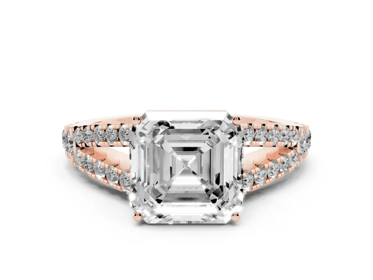 Asscher Cut Diamond Split Shank Pavé Engagement Ring with Four-Prong Setting Rose gold