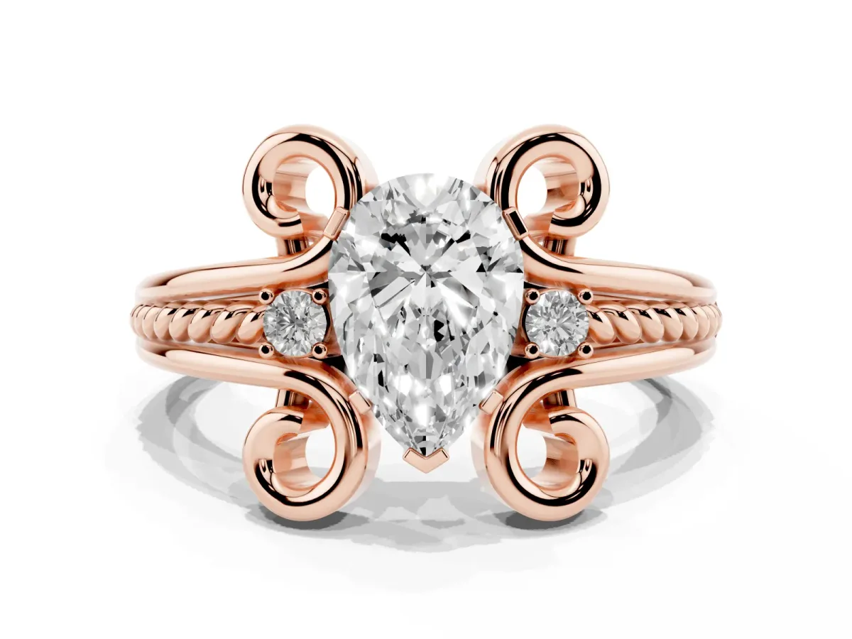 Pear Cut Solitaire Twisted Band Scroll Prong Ring Rose gold